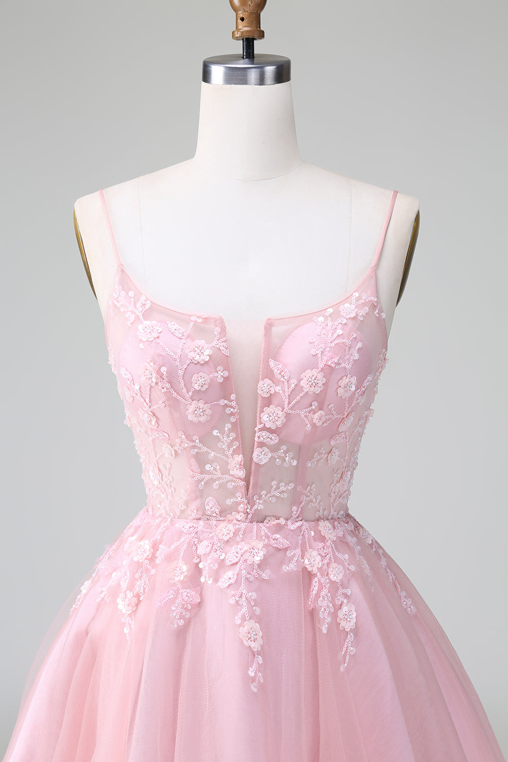 Blush Spaghetti Strap A-Line Tulle Short Homecoming Dress with Appliqu閼煎嵒