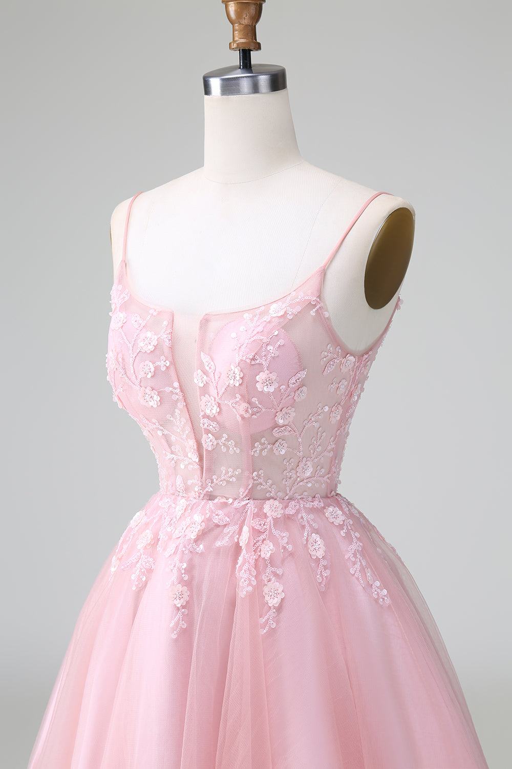 Blush Spaghetti Strap A-Line Tulle Short Homecoming Dress with Appliqu閼煎嵒