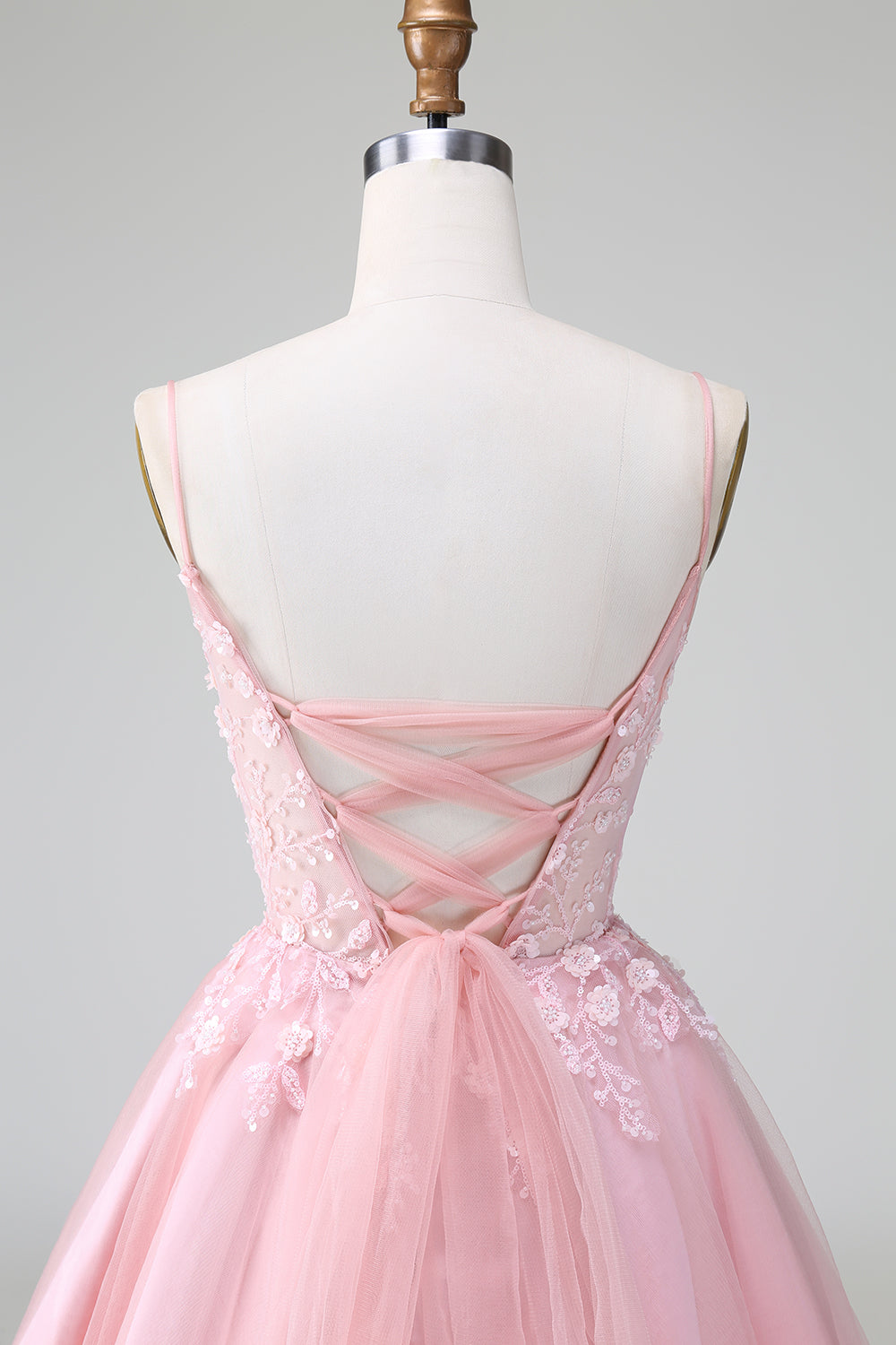 Blush Spaghetti Strap A-Line Tulle Short Homecoming Dress with Appliqu閼煎嵒