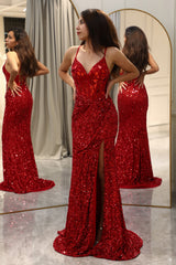 Sparkly Red Mermaid Long Mirror Prom Dress With Slit