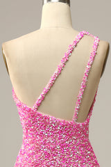 Fuchsia Sequined One Shoulder Mermaid Prom Dress With Slit