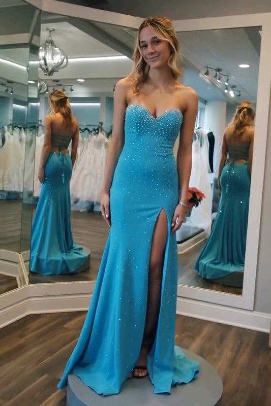 Sparkly Blue Mermaid Sweetheart Beaded Long Prom Dress with Slit