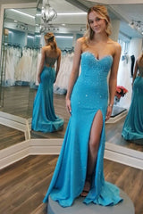 Sparkly Blue Mermaid Sweetheart Beaded Long Prom Dress with Slit