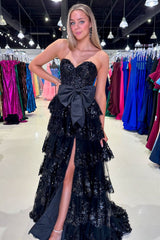 Sparkly Black Sweetheart Tiered Long Prom Dress with Bow