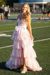 Sparkly Black Sweetheart Tiered Long Prom Dress with Bow