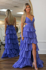 A-Line Purple Spaghetti Straps Ruffled Long Prom Dress with Slit