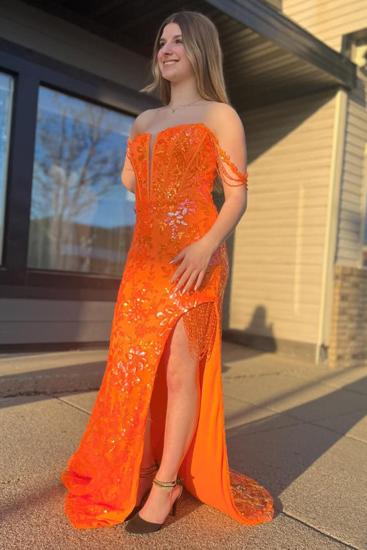 Sparkly Orange Mermaid Off the Shoulder Corset Prom Dress with Slit