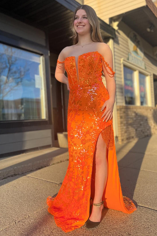 Sparkly Orange Mermaid Off the Shoulder Corset Prom Dress with Slit