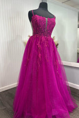 Sparkly Fuchsia A-Line Spaghetti Straps Corset Prom Dress with Appliques