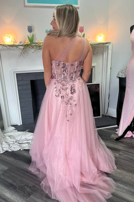 A-Line Pink One Shoulder Corset Tulle Long Prom Dress with Sequins