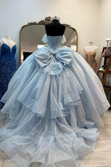 Sparkly Light Blue Off the Shoulder Tulle Long Corset Prom Dress with Bow