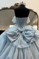 Sparkly Light Blue Off the Shoulder Tulle Long Corset Prom Dress with Bow