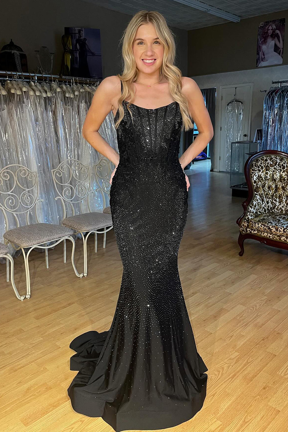 Black Spaghetti Straps Mermaid Long Corset Prom Dress with Beadings