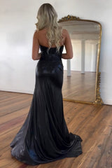 Dark Blue Strapless Mermaid Metallic Long Prom Dress With Slit