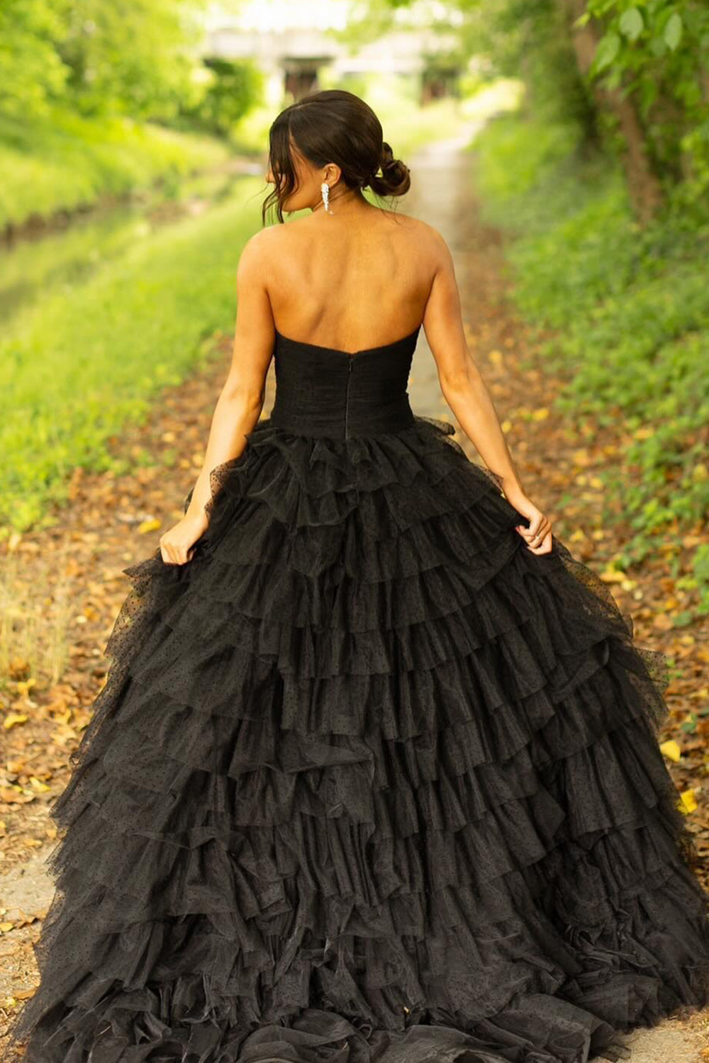 Black A Line Strapless Tiered Tulle Long Prom Dress with Keyhole