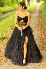 Black A Line Strapless Tiered Tulle Long Prom Dress with Keyhole