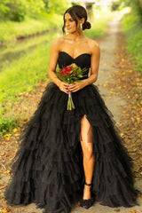 Black A Line Strapless Tiered Tulle Long Prom Dress with Keyhole