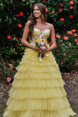 A Line Yellow Strapless Corset Tiered Tulle Prom Dress with Appliques