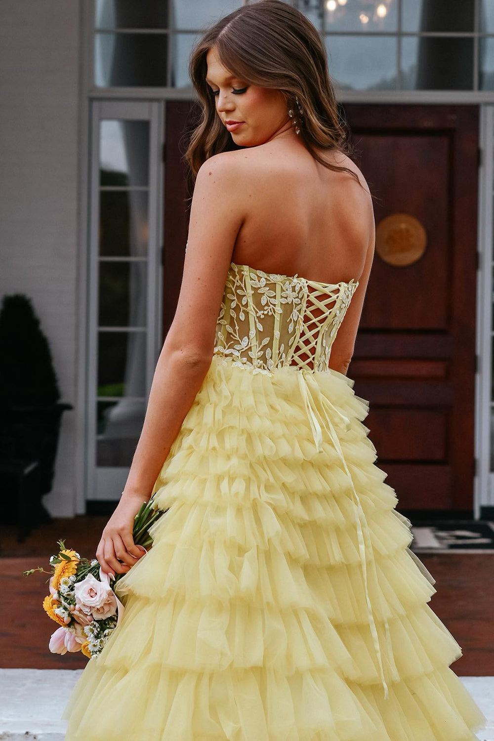 A Line Yellow Strapless Corset Tiered Tulle Prom Dress with Appliques