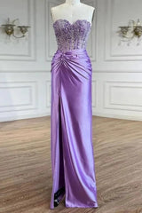 Sparkly Purple Strapless Mermaid Corset Long Prom Dress with Slit