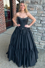 Sparkly A Line Black Strapless Corset Long Pleated Prom Dress with Bow