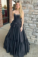 Sparkly A Line Black Strapless Corset Long Pleated Prom Dress with Bow