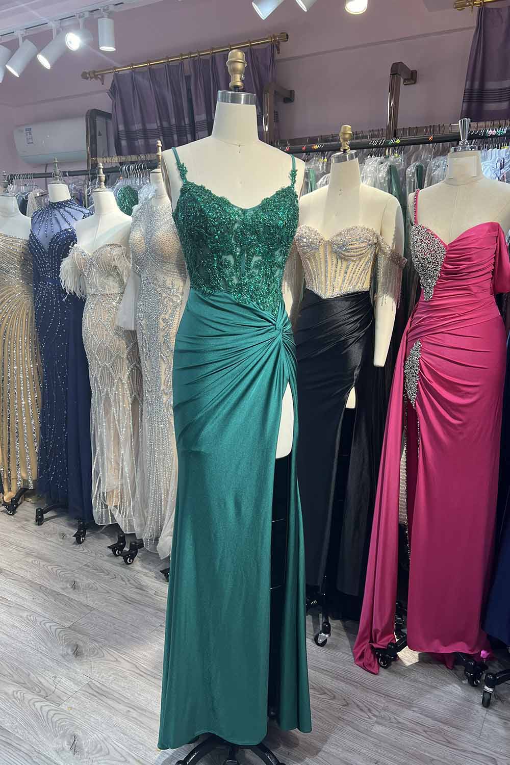 Green Spaghetti Straps Mermaid Satin Prom Dresses with Slit