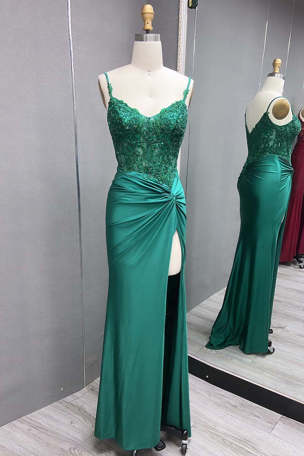 Green Spaghetti Straps Mermaid Satin Prom Dresses with Slit