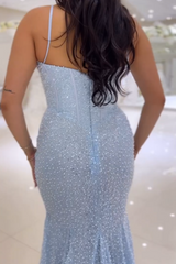 Sparkly Sky Blue Spaghetti Straps Mermaid Corset Long Prom Dress