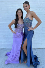 Sparkly Grey Blue Strapless Corset Long Prom Dress with Slit