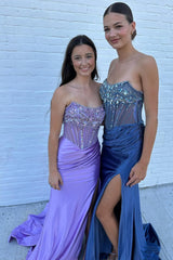 Sparkly Grey Blue Strapless Corset Long Prom Dress with Slit