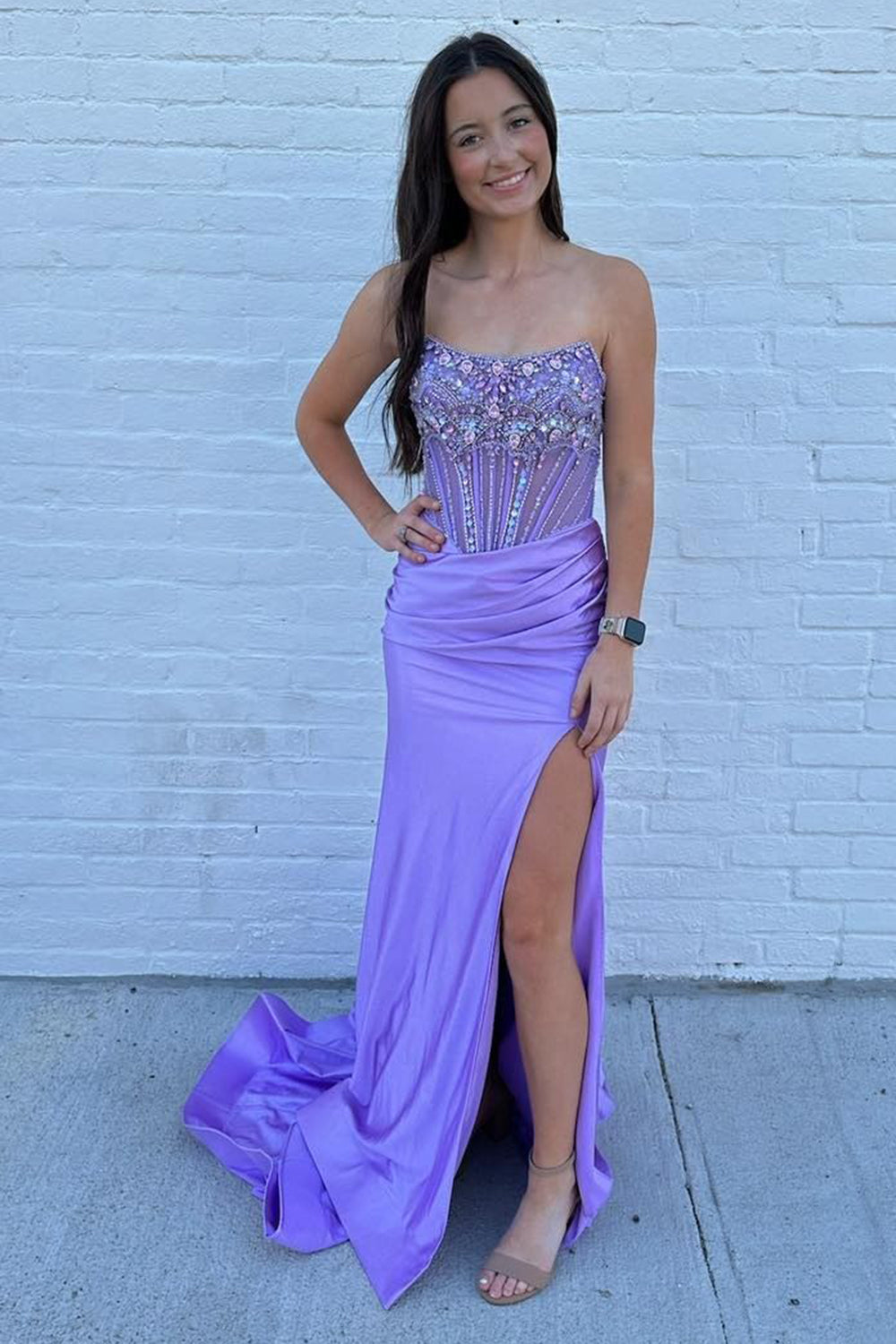 Sparkly Grey Blue Strapless Corset Long Prom Dress with Slit