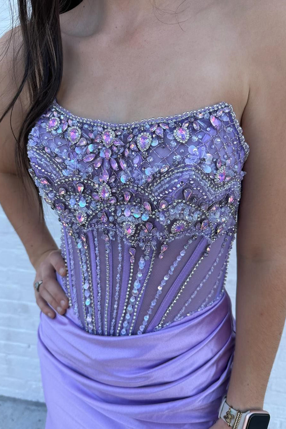 Sparkly Grey Blue Strapless Corset Long Prom Dress with Slit