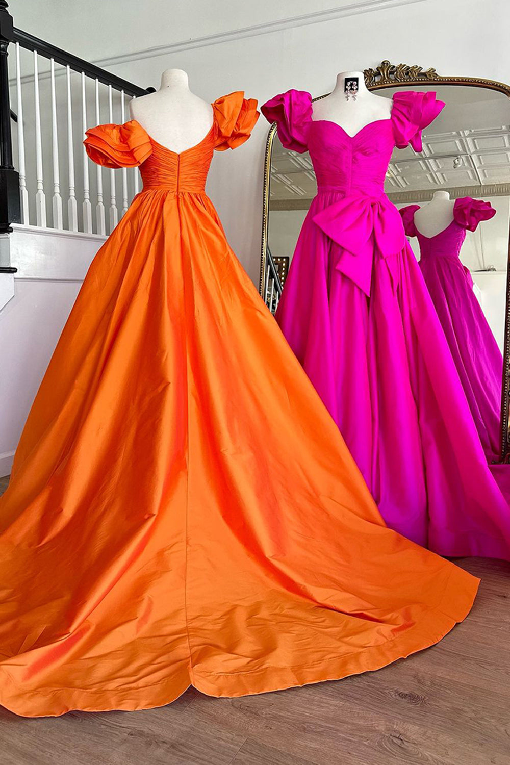 Fuchsia A-Line Long Prom Dress with Puff Sleeves