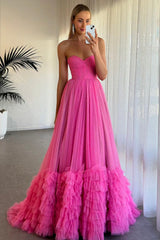 Sparkly Fuchsia A-Line Ruffled Long Prom Dress