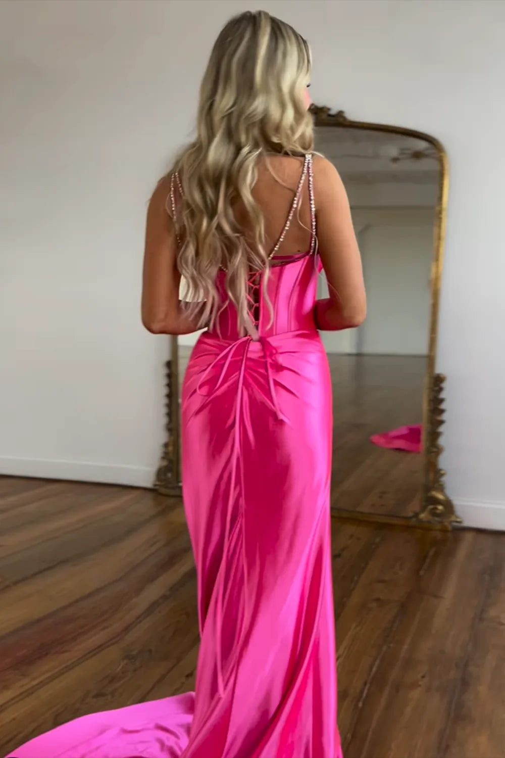 Fuchsia Spaghetti Straps Mermaid Corset Sequined Prom Dress with Slit