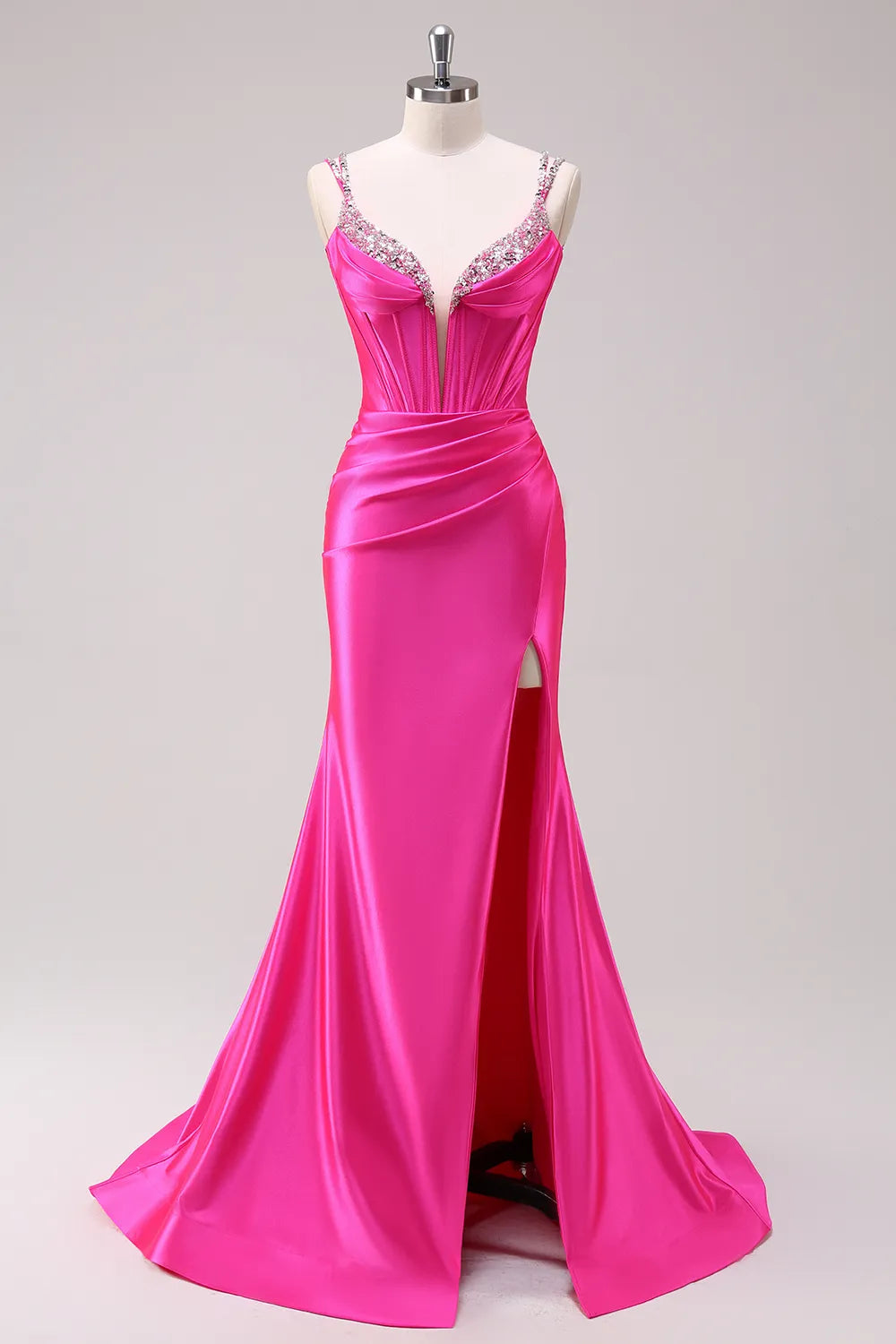 Sparkly Fuchsia Spaghetti Straps Mermaid Corset Prom Dress with Slit