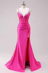 Fuchsia Spaghetti Straps Mermaid Corset Sequined Prom Dress with Slit