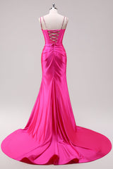 Fuchsia Spaghetti Straps Mermaid Corset Sequined Prom Dress with Slit