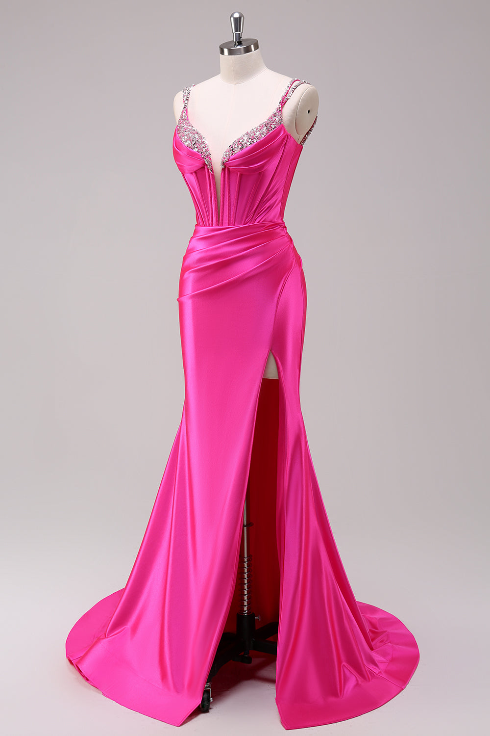 Fuchsia Spaghetti Straps Mermaid Corset Sequined Prom Dress with Slit