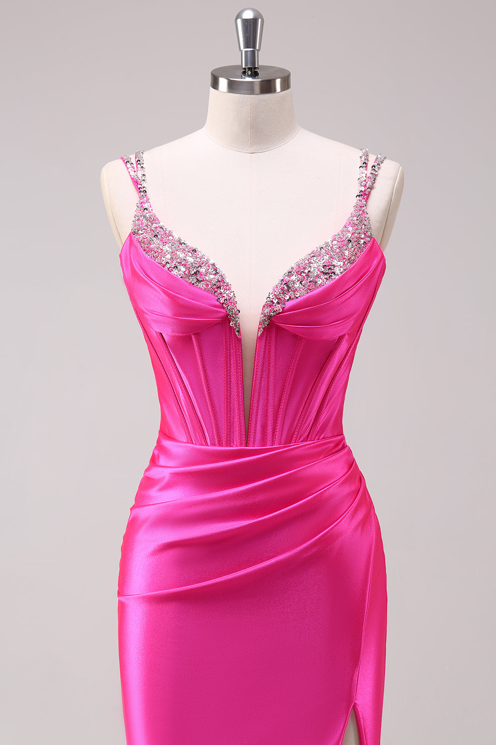 Fuchsia Spaghetti Straps Mermaid Corset Sequined Prom Dress with Slit