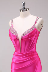 Fuchsia Spaghetti Straps Mermaid Corset Sequined Prom Dress with Slit