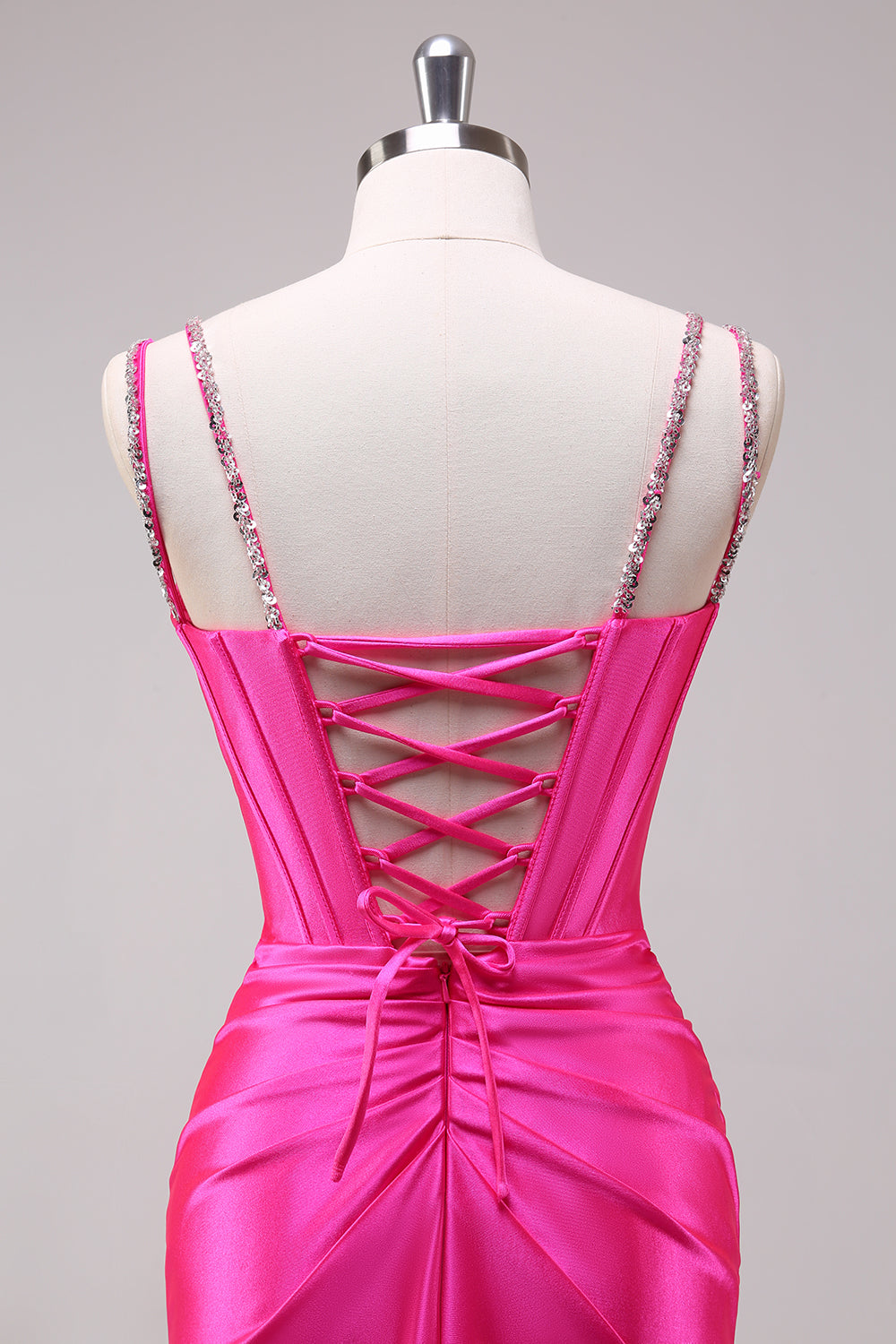 Fuchsia Spaghetti Straps Mermaid Corset Sequined Prom Dress with Slit