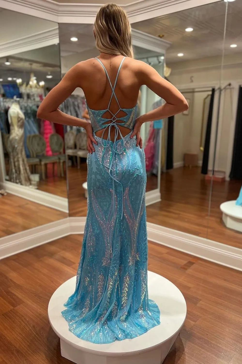 Sparkly Blue Spaghetti Straps Mermaid Long Prom Dress with Slit