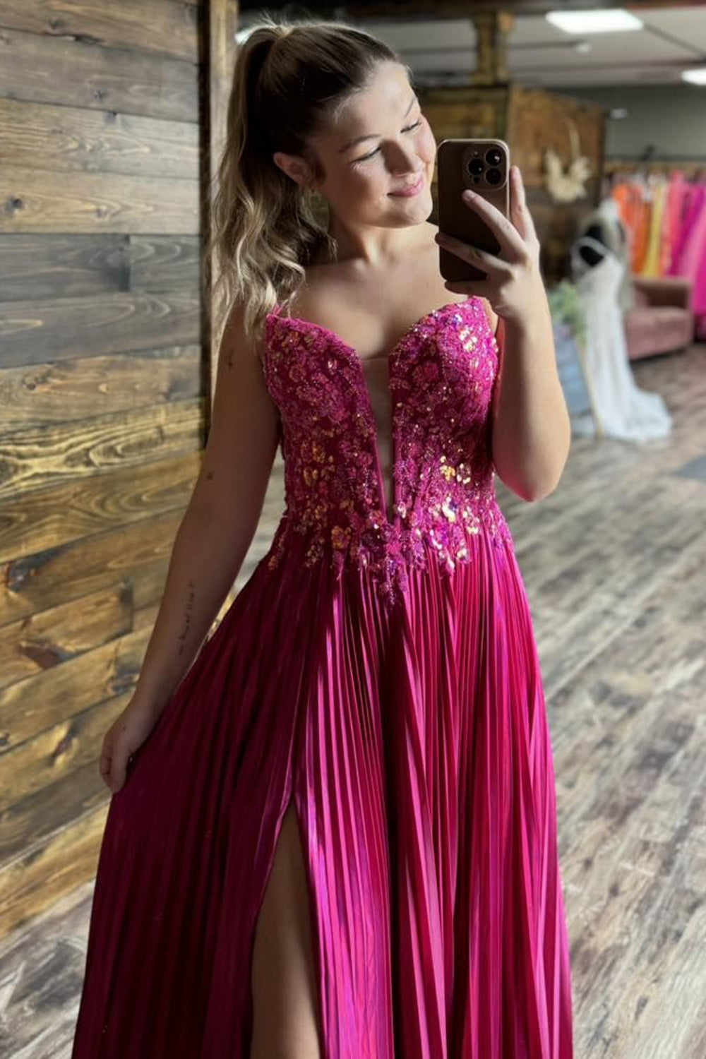 Sparkly Fuchsia A-Line Corset Long Prom Dress with Slit