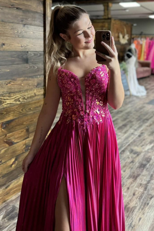 Sparkly Fuchsia A-Line Corset Long Prom Dress with Slit