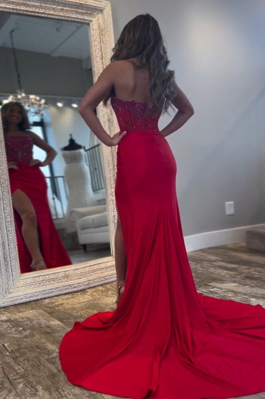 Sparkly Red Strapless Corset Long Prom Dress with Slit