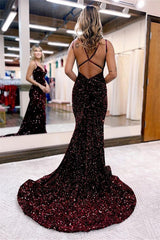 Chic Sequins Long Evening Dress with V Neck Spaghetti Straps