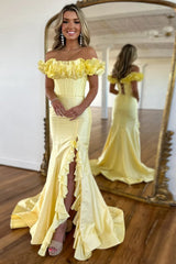 Yellow Strapless Mermaid Corset Long Prom Dress with Ruffles