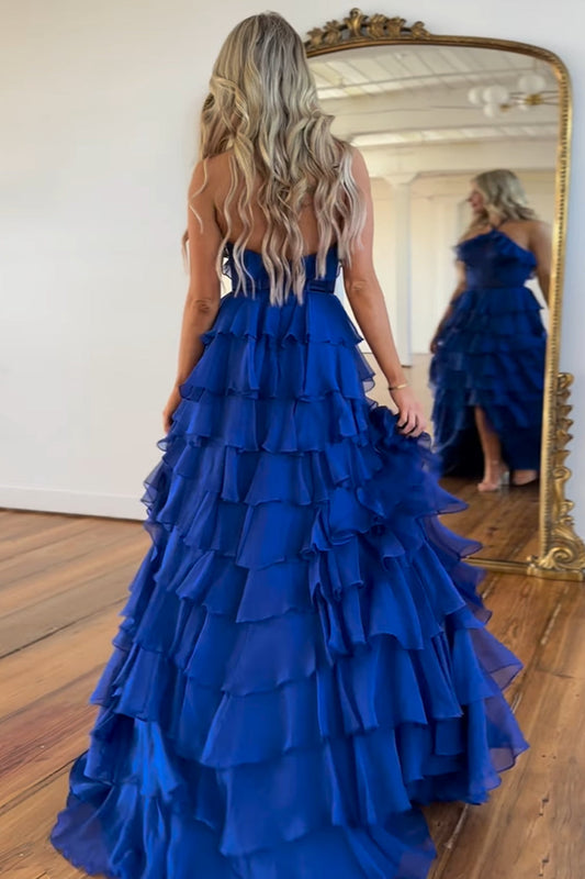 Halter Royal Blue A Line Tiered Corset Long Prom Dress with Slit